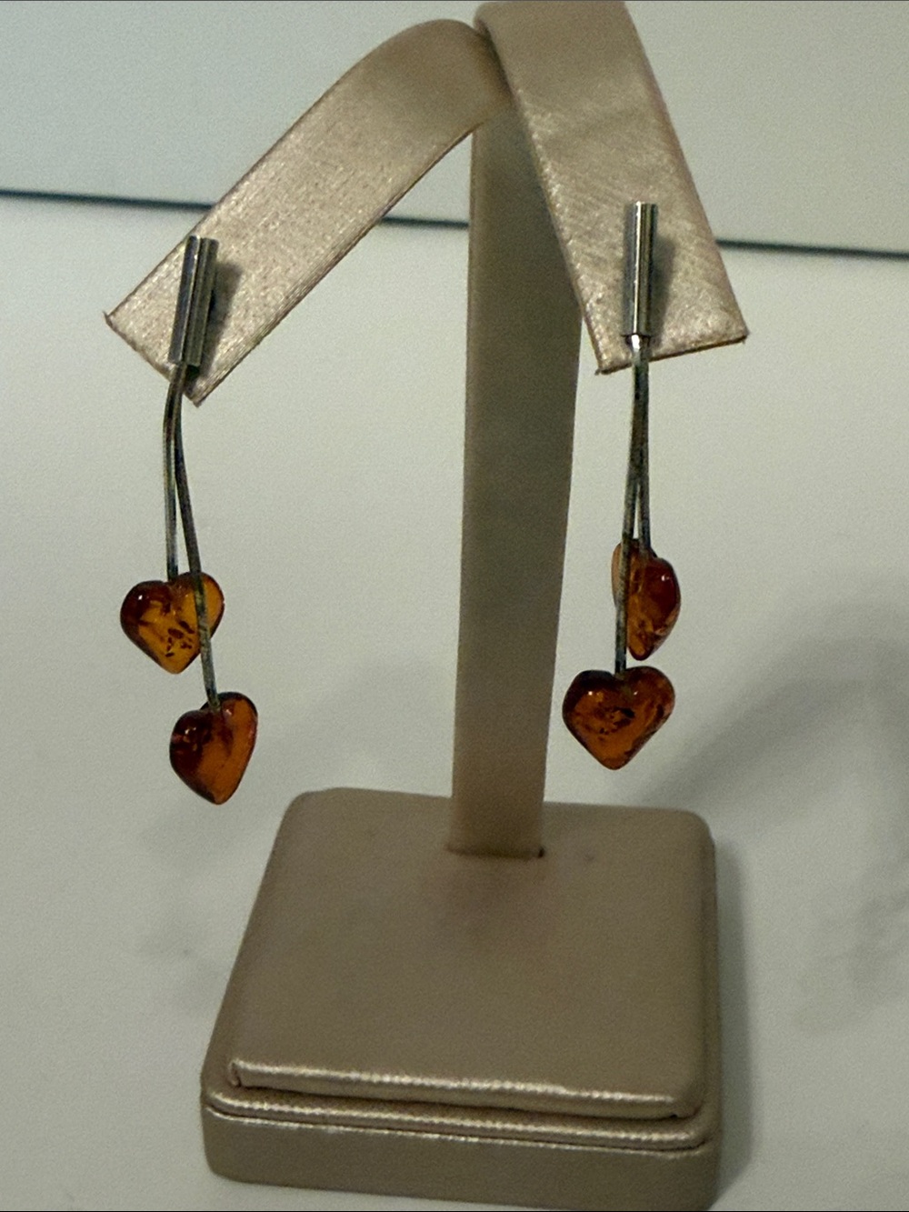 EARRINGS SILVER 925 STERLING 2 HEARTS YELLOW AMBER DROP PIERCED POST DANGLE